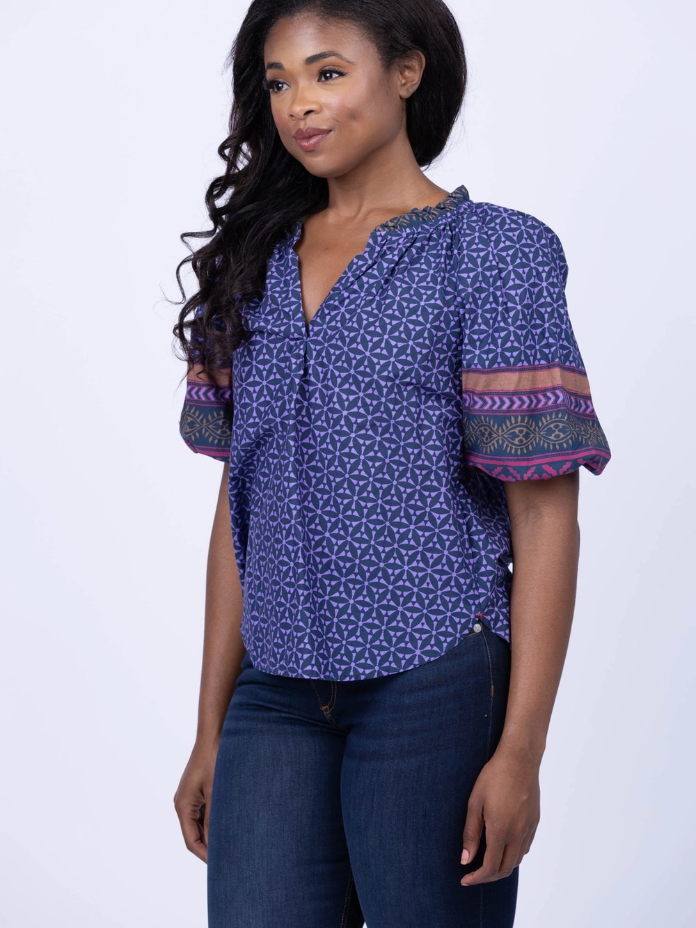 XiRENA Purple Geometric Short-Sleeve Blouse with Trimmed Puff Sleeves